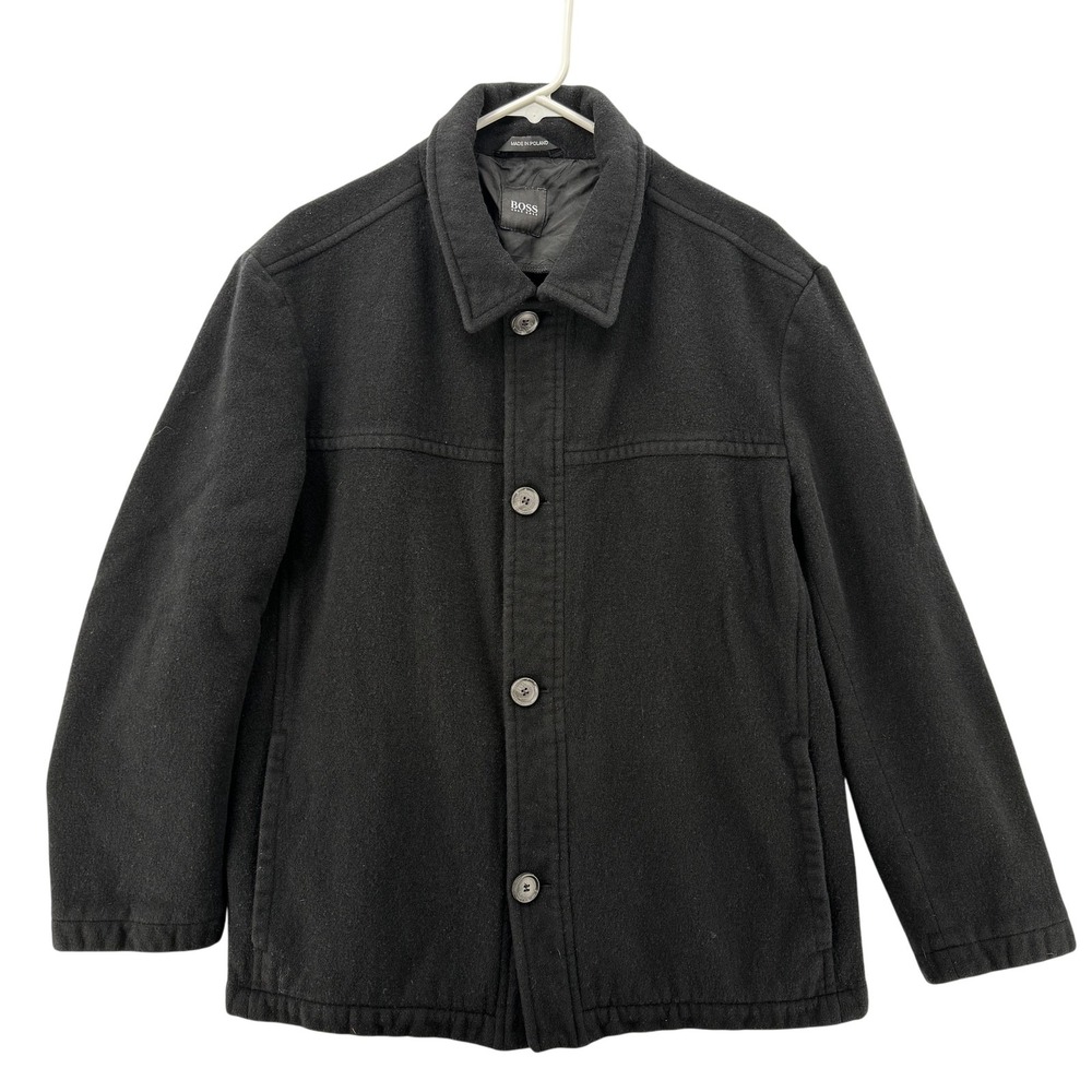 Hugo Boss Jacket Mens 44R Black Cashmere Wool Blend Button Front Coat Classic